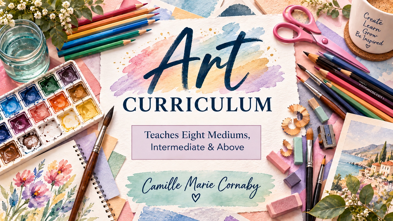 Art Curriculum cover by Camille Marie Cornaby surrounded by watercolor paints, brushes, and colored pencils