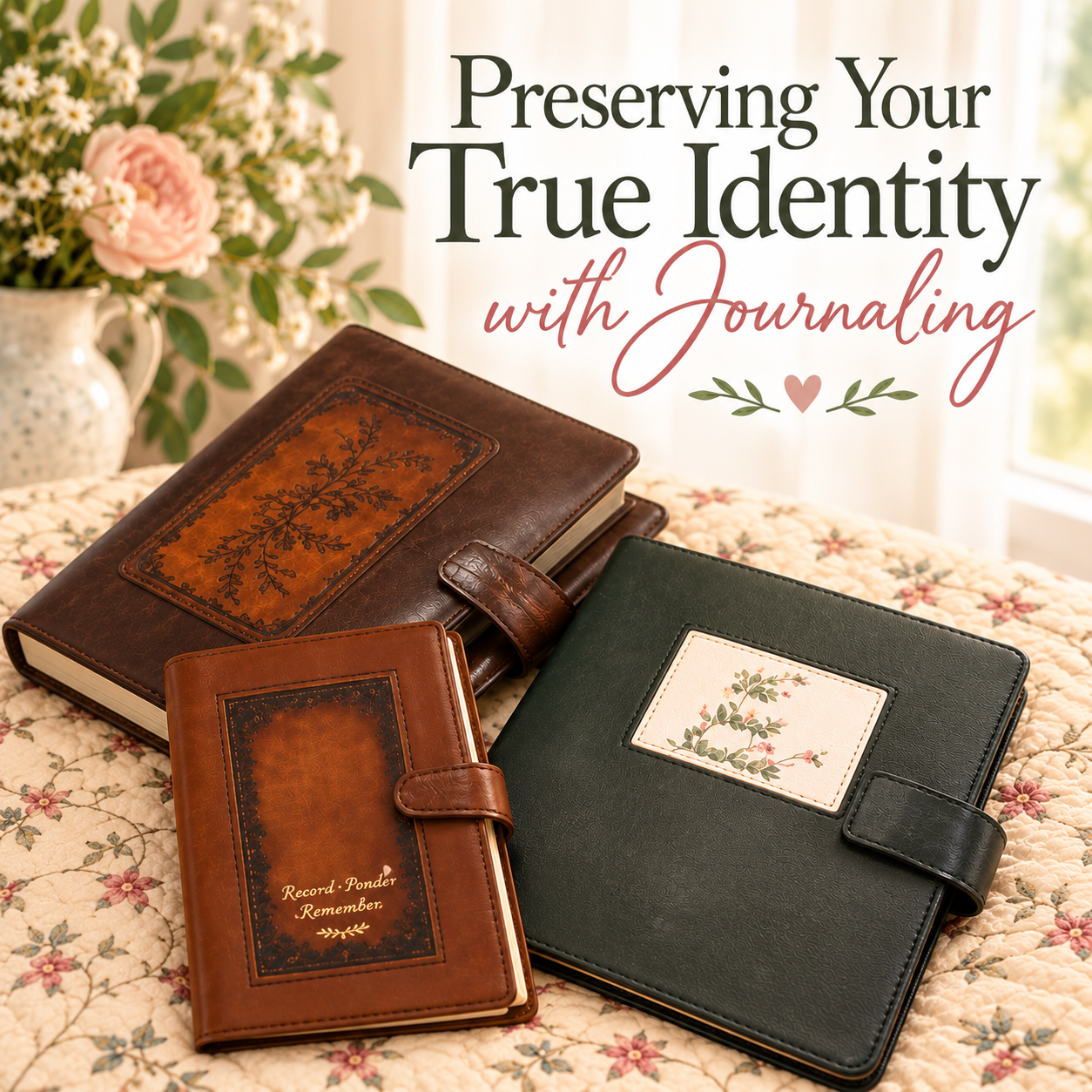 Preserving Your True Identity with Journaling — three leather journals on a floral quilt beside flowers
