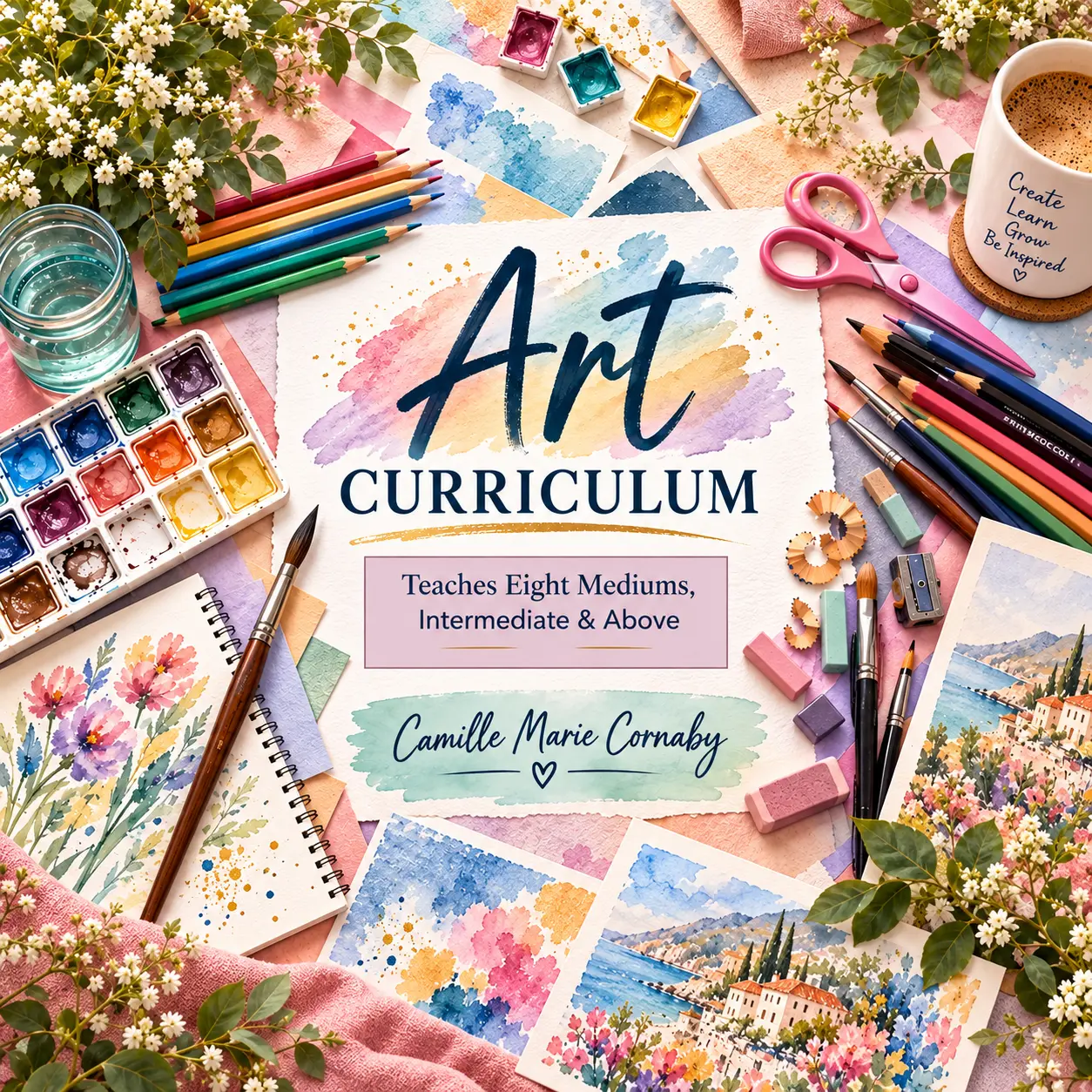 Art Curriculum cover by Camille Marie Cornaby surrounded by watercolor paints, brushes, and colored pencils