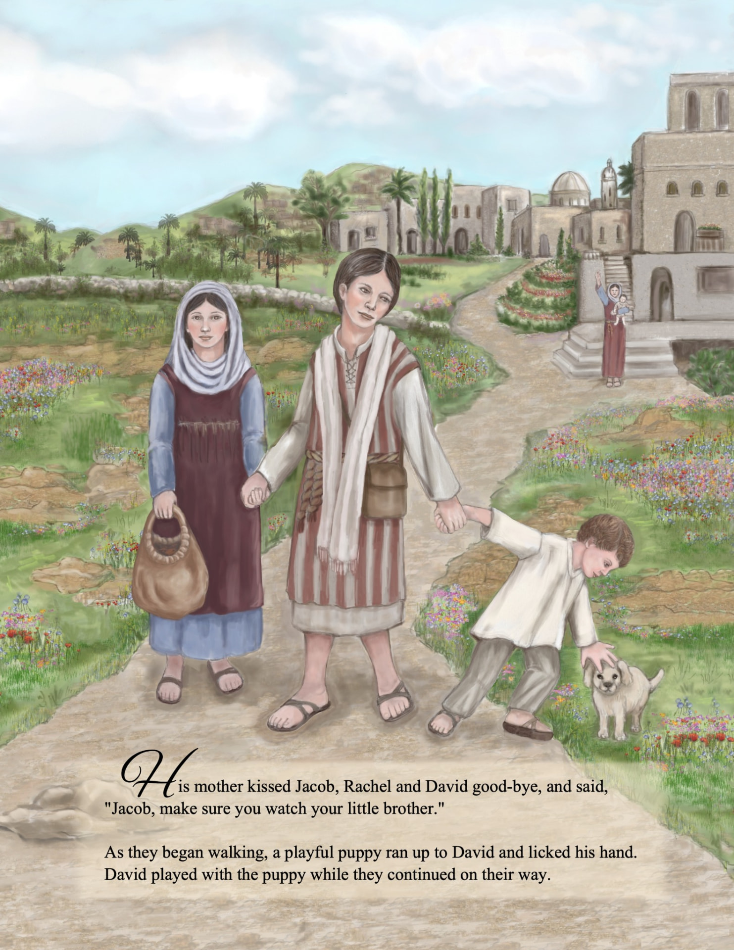 Interior illustration: a mother saying good-bye to Jacob, Rachel, and David as they set out for Jerusalem