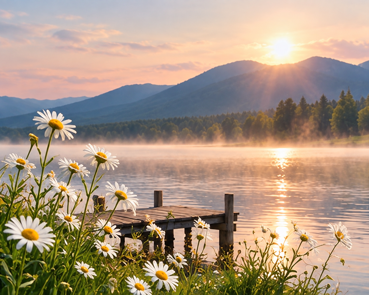 White daisies beside a wooden dock on a calm mountain lake at sunrise