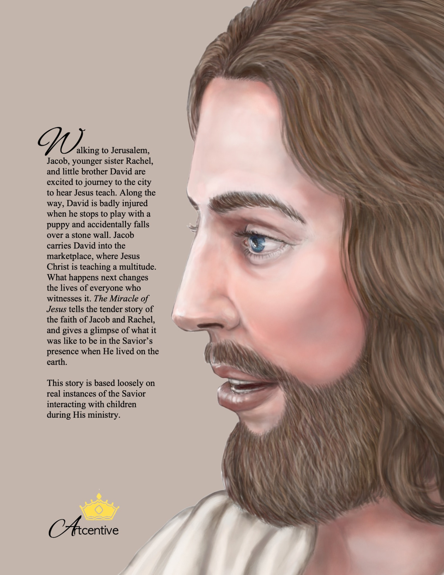 Interior illustration: a portrait of Jesus Christ beside the story summary of The Miracle of Jesus