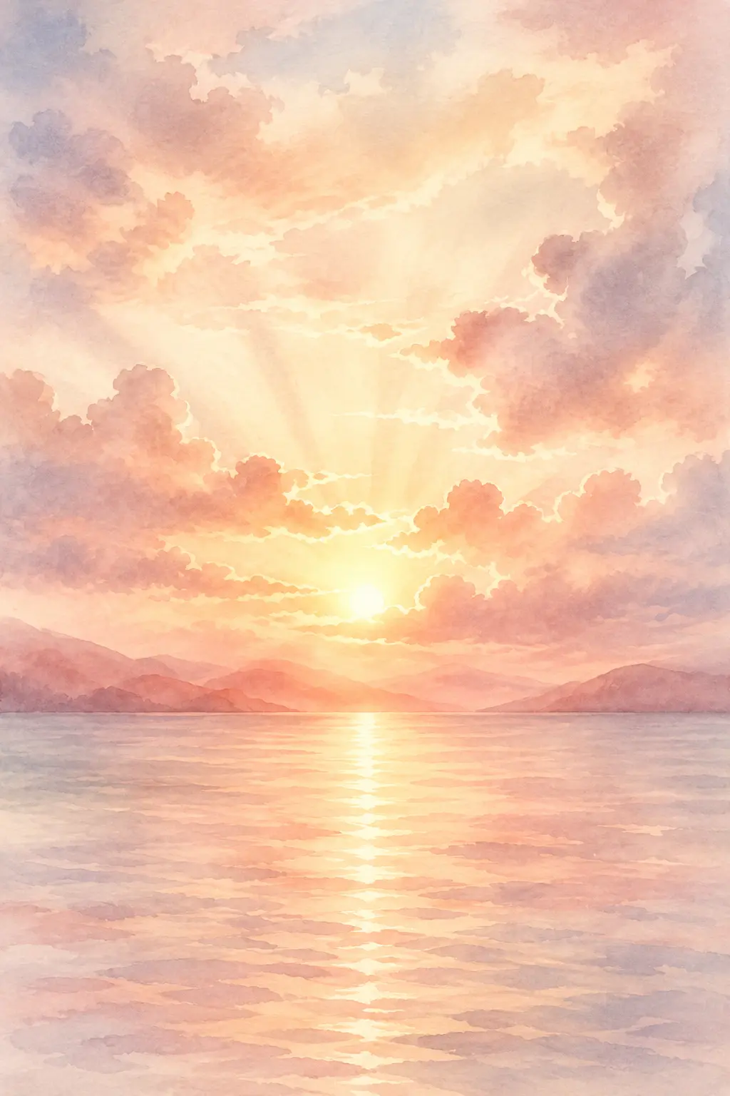 Watercolor sunrise over calm water with warm pink and gold clouds