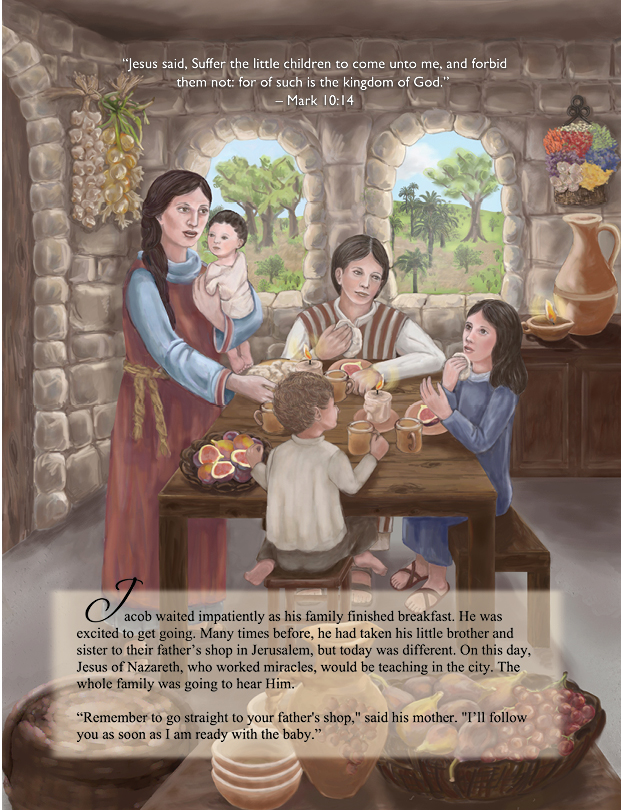 Interior illustration: Jacob’s family at breakfast in a stone home, with Mark 10:14 quoted above