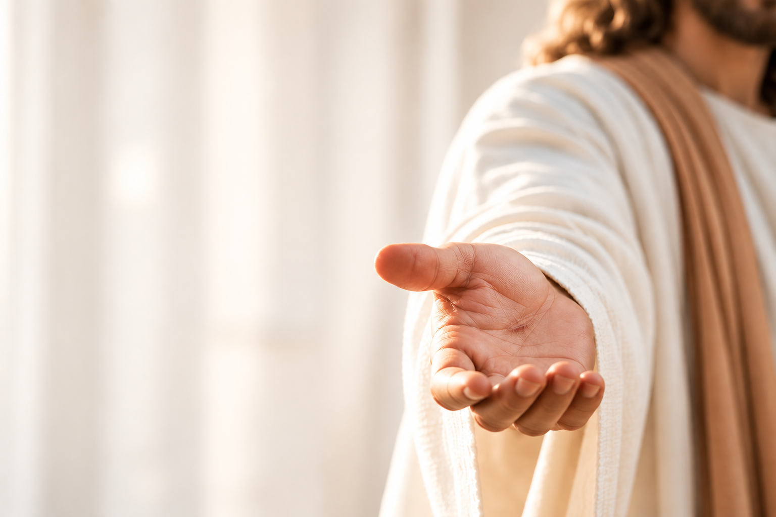 Jesus Christ in white robes reaching His open hand toward the viewer