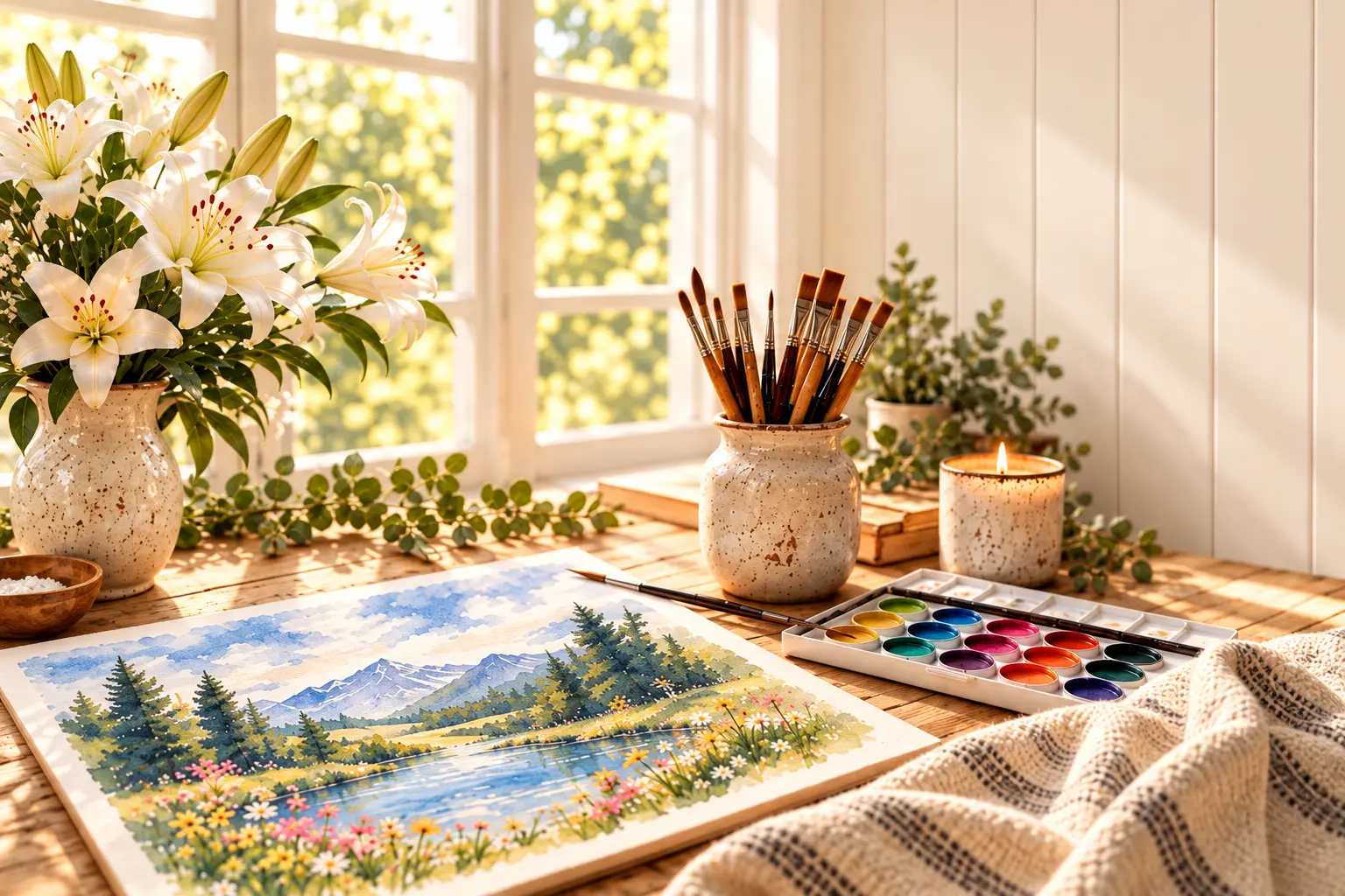 Sunlit art table with white lilies, a watercolor landscape painting, brushes in a ceramic jar, watercolor paints, and a lit candle